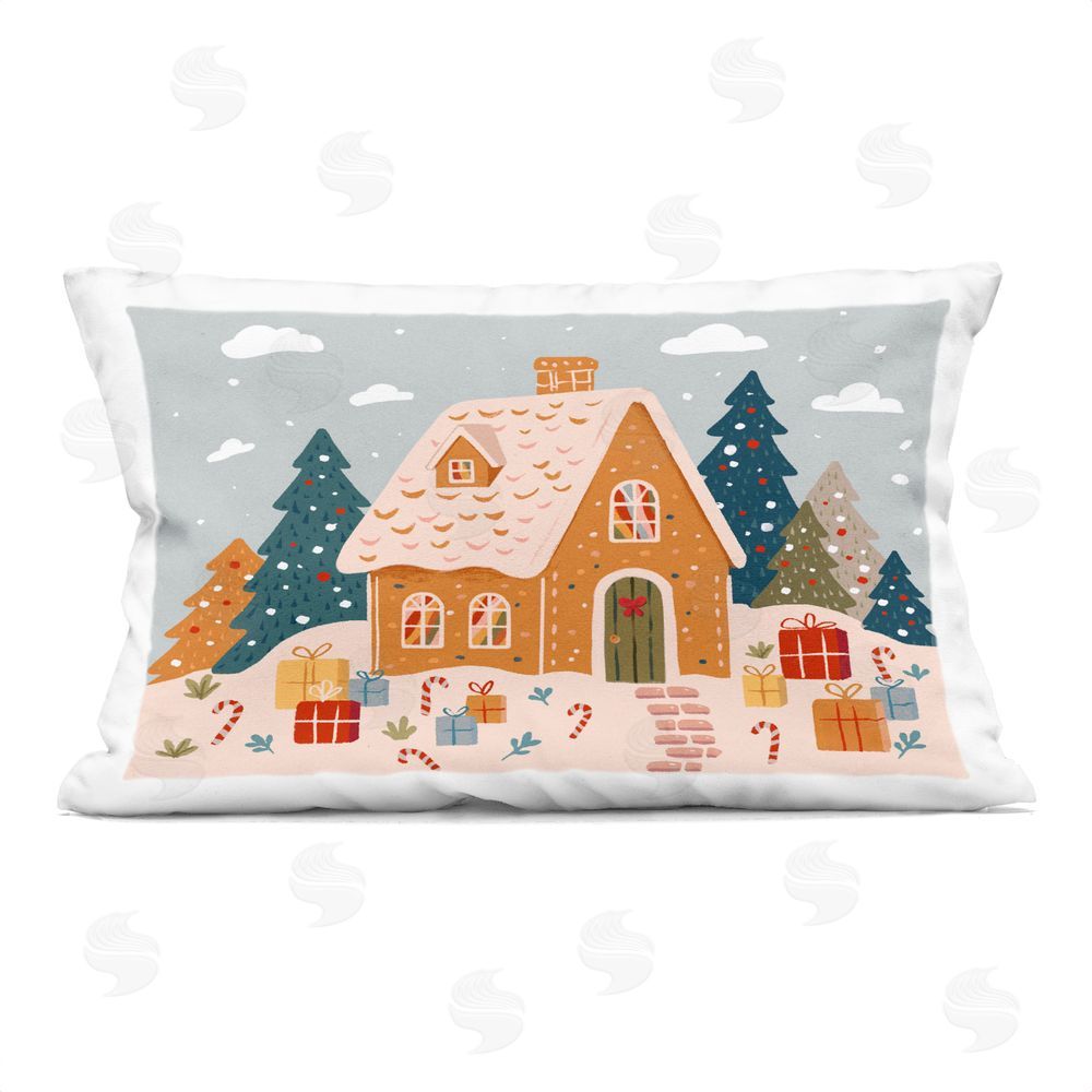 Ziwei Li Gingerbread Cottage with Candy Canes Indoor Plush Polyester Lumbar Pillow