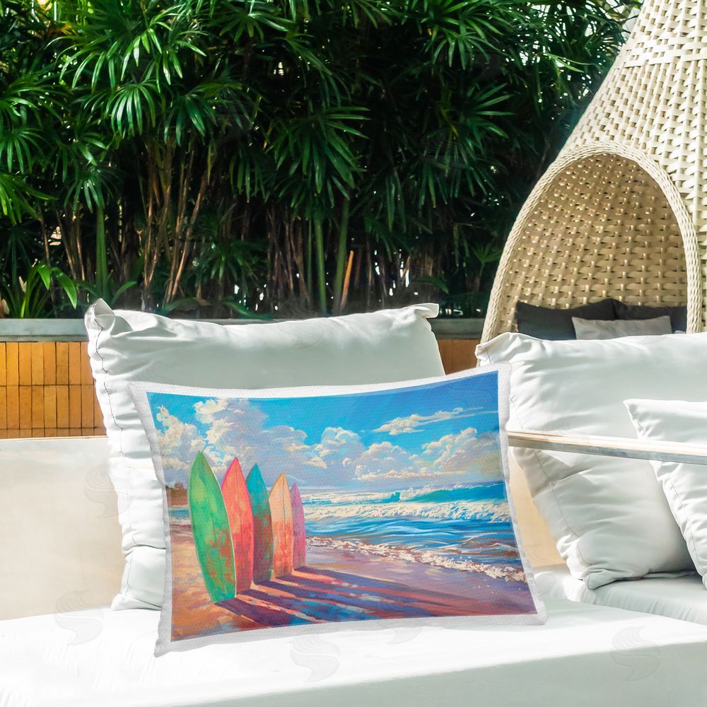 Ziwei Li Sunlit Surfboards by Shore Outdoor Quick-Dry Polyester Printed Lumbar Pillow on Patio