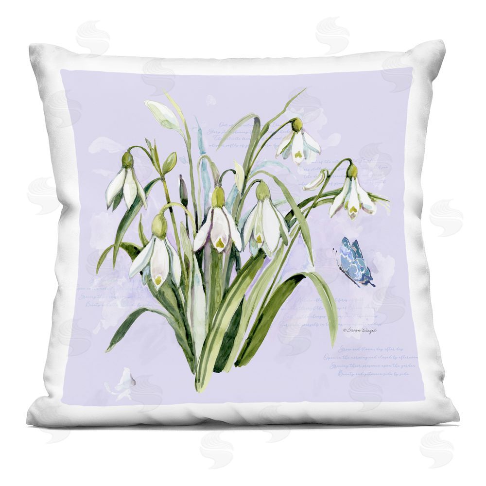 Susan Winget Snowdrops with Vintage Writings Indoor Plush Polyester Square Throw Pillow