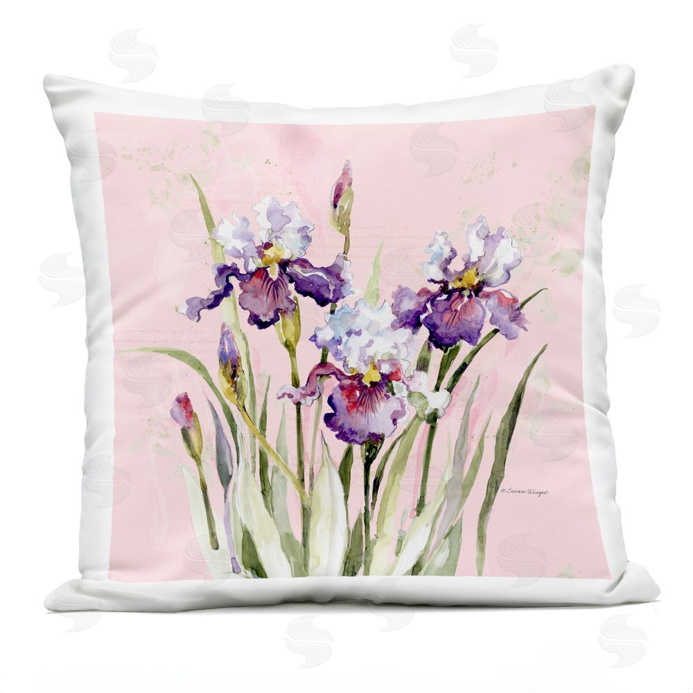 Susan Winget Purple Irises on Pink Outdoor Quick-Dry Polyester Square Throw Pillow