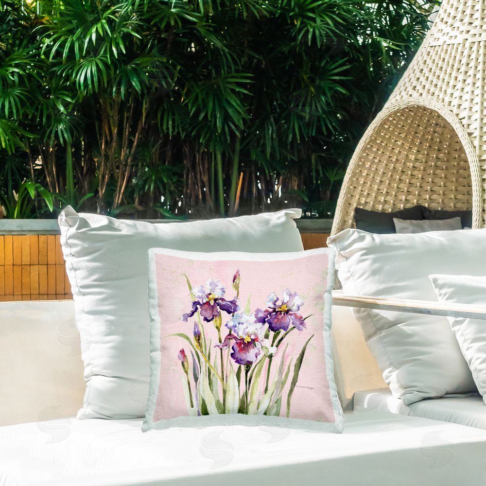 Susan Winget Purple Irises on Pink Outdoor Quick-Dry Polyester Printed Square Pillow on Patio