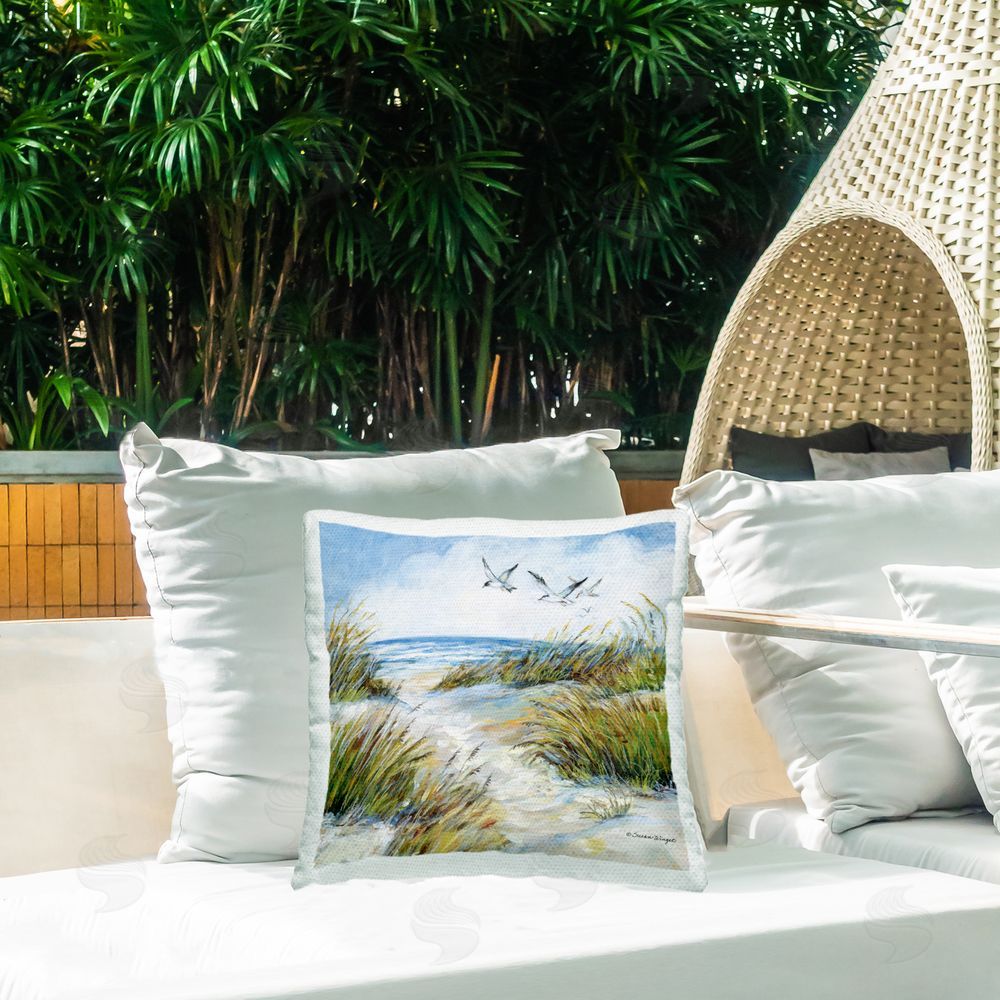 Susan Winget Beach Path Seagulls Overhead Outdoor Quick-Dry Polyester Printed Square Pillow on Patio