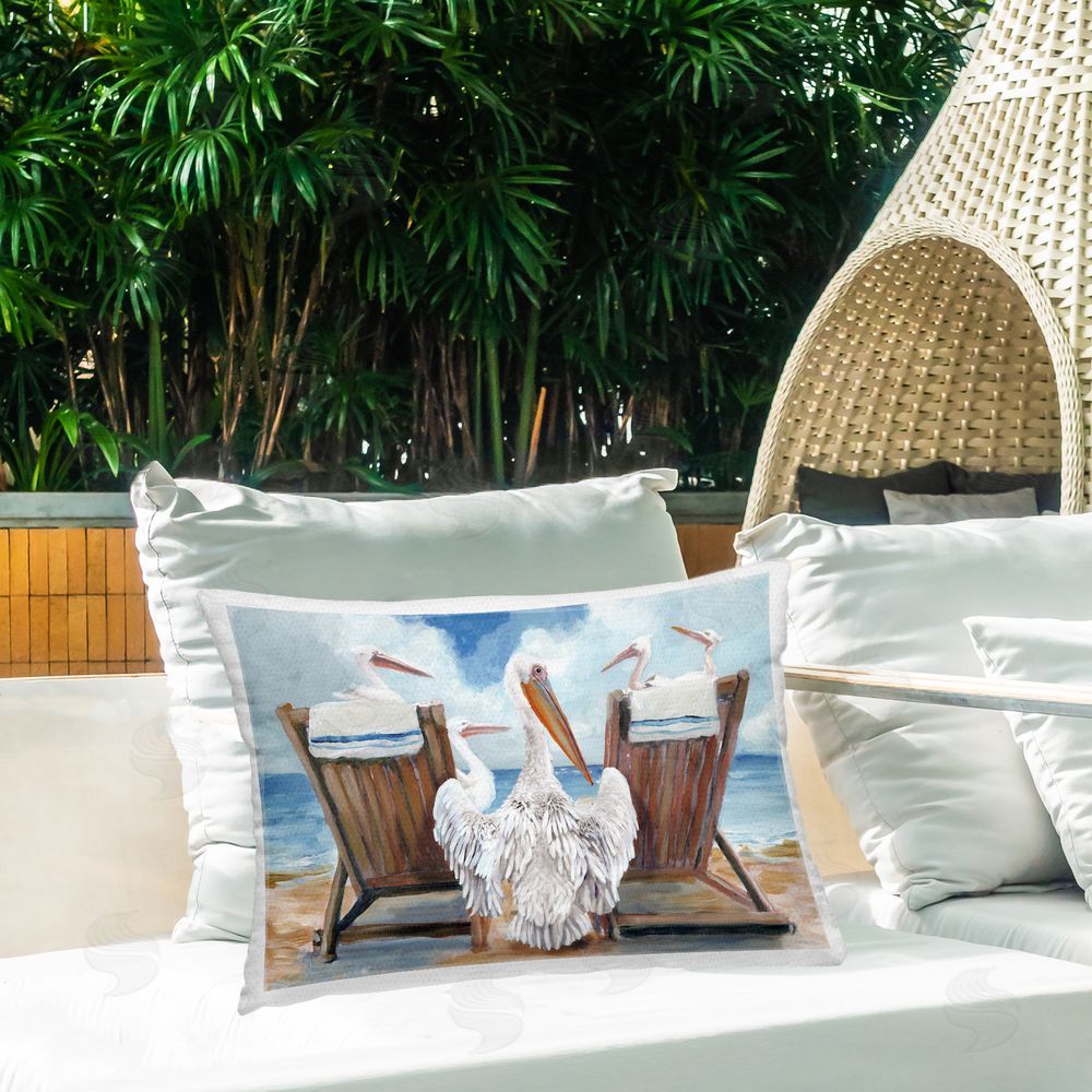 Stellar Design Studio Pelican Party Beachside Lounging Outdoor Quick-Dry Polyester Printed Lumbar Pillow on Patio