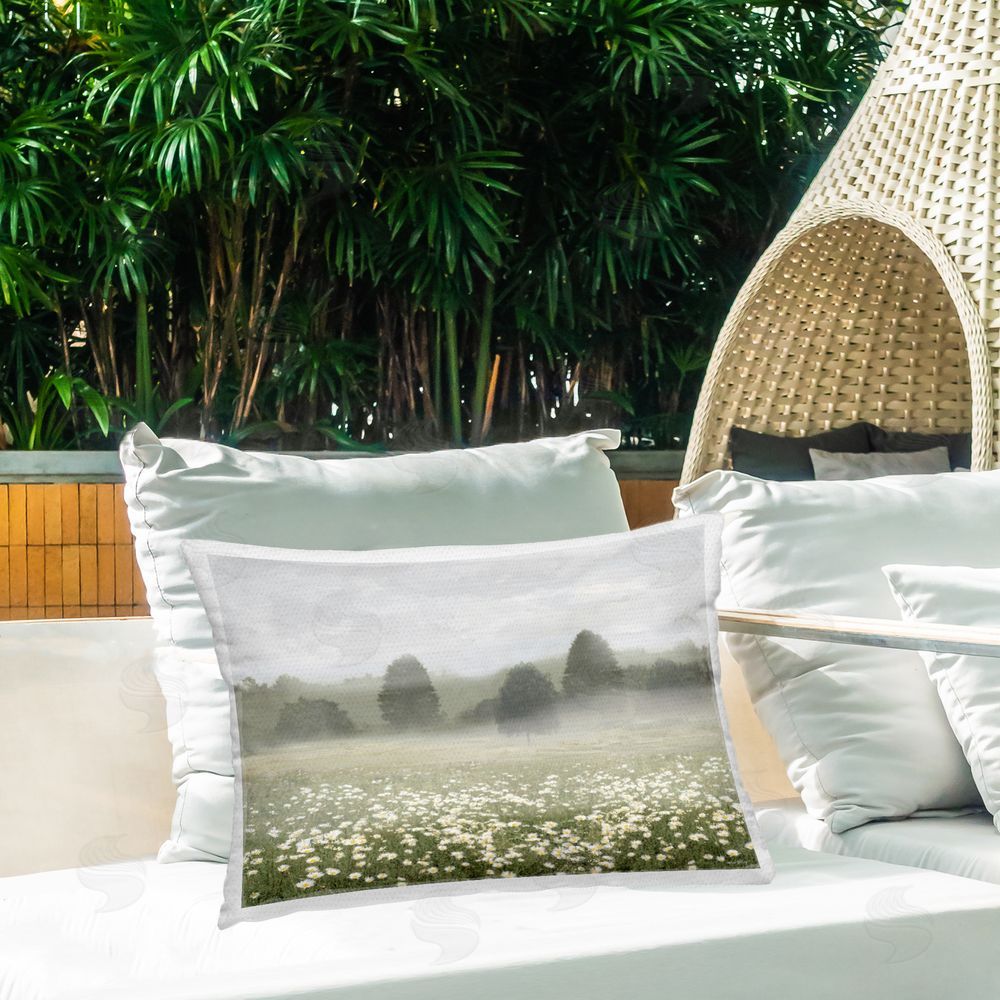 Amber Sterling Morning Mist Over Daisy Field Outdoor Quick-Dry Polyester Printed Lumbar Pillow on Patio