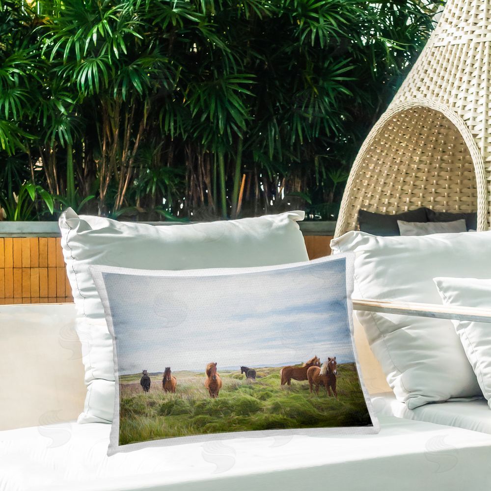 Susan Ball Free Spirit Horses in Pasture Outdoor Quick-Dry Polyester Printed Lumbar Pillow on Patio