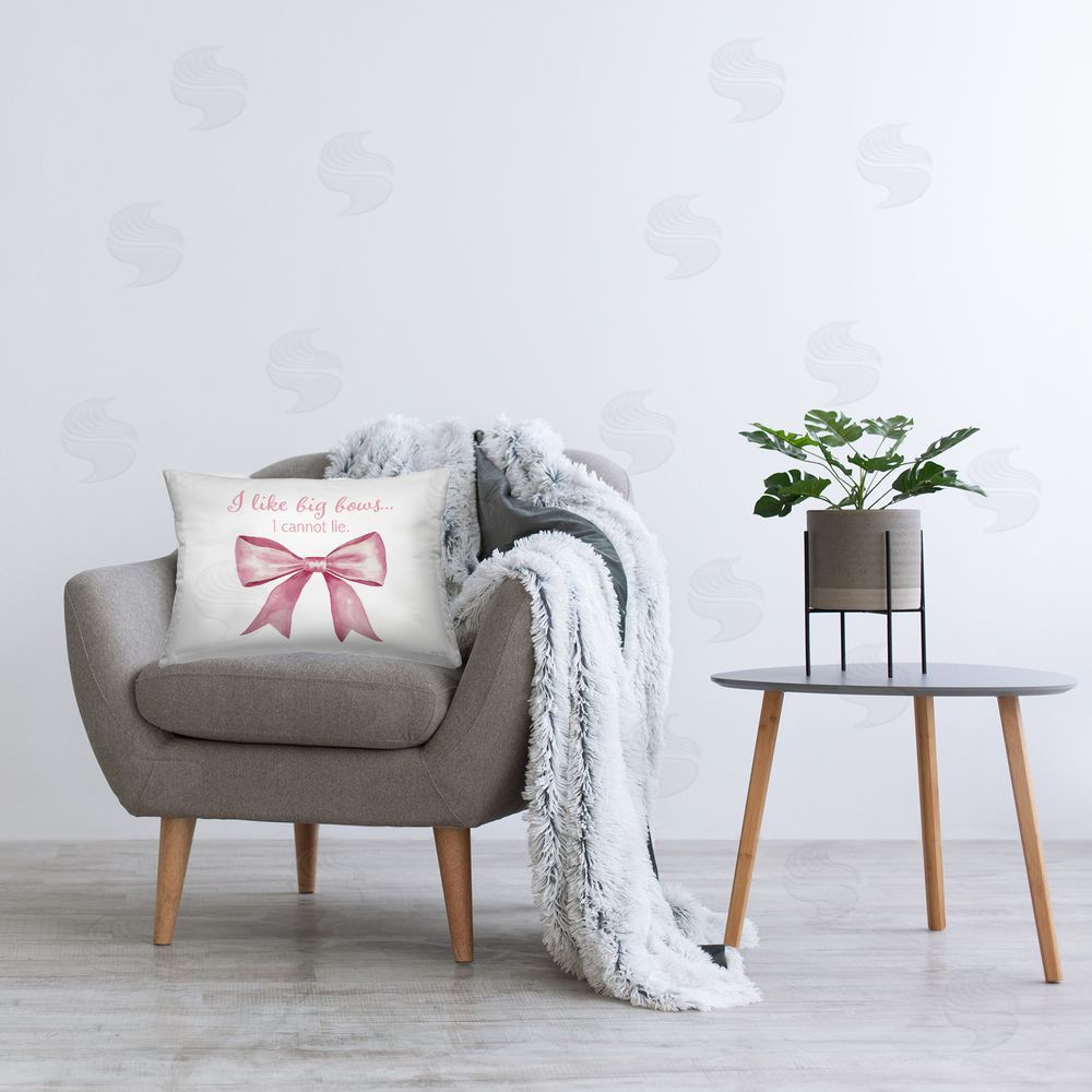 Cindy Jacobs I Like Big Bows Pink Ribbon Plush Polyester Printed Lumbar Pillow on Chair