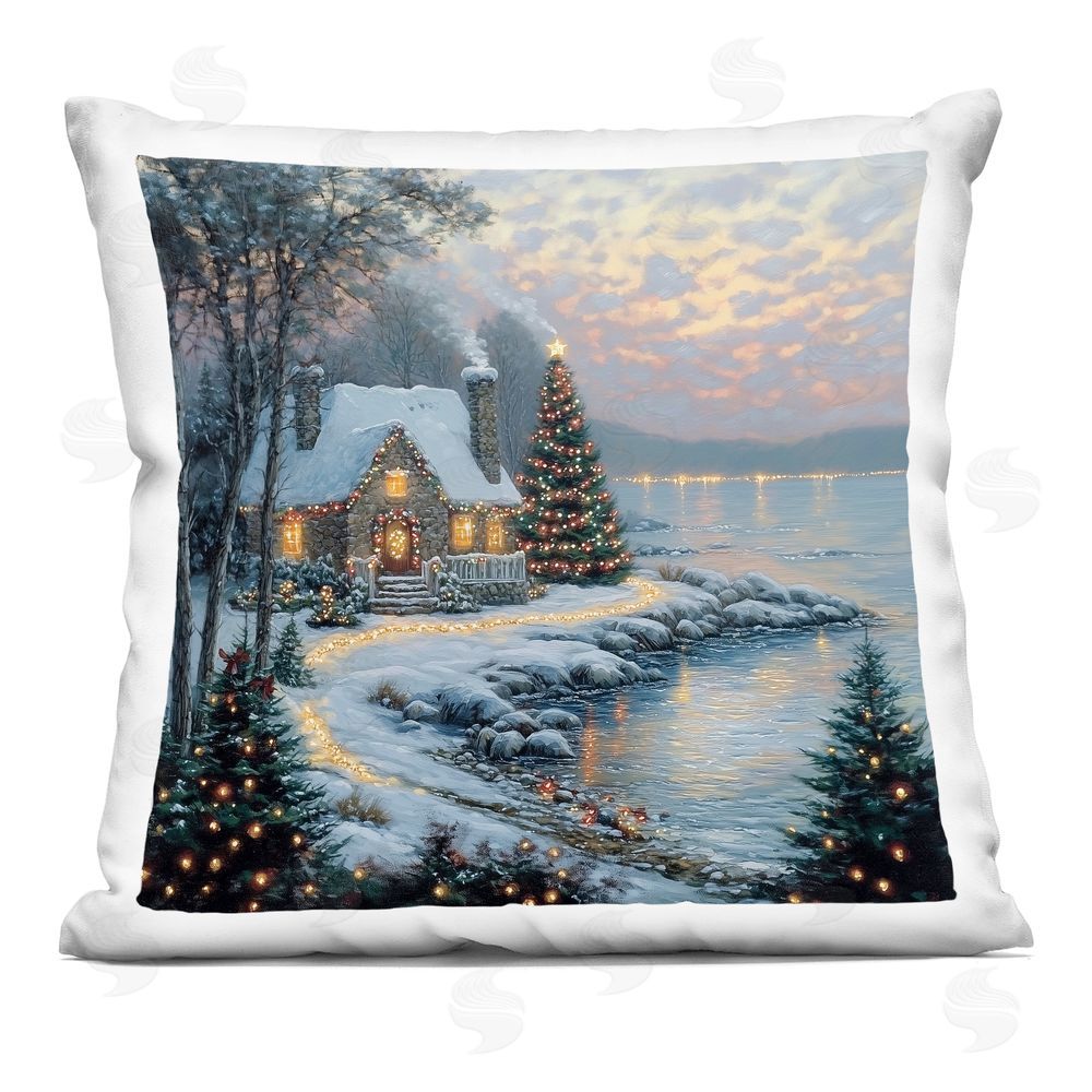 Heidi Kuntz Snowy Lit Cottage by Lake Square Printed Throw Pillow
