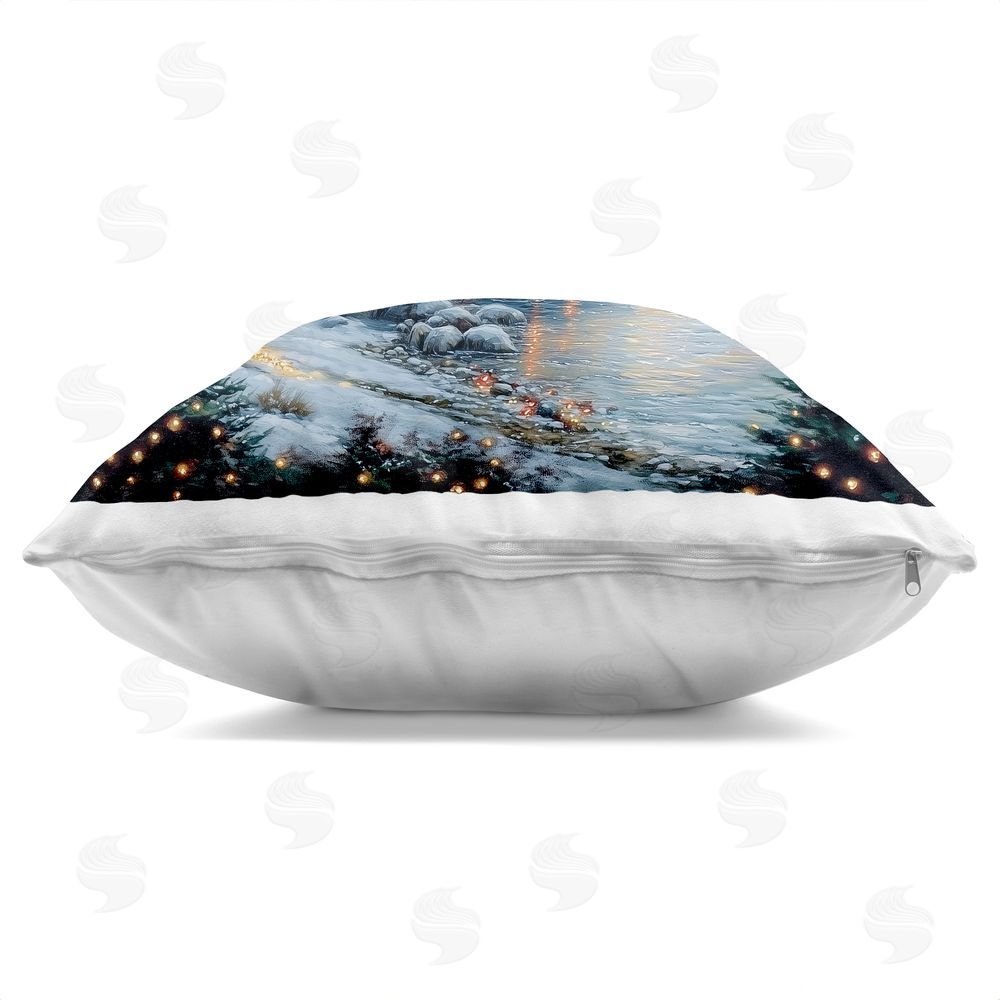 Heidi Kuntz Snowy Lit Cottage by Lake Square Printed Throw Pillow Side View with Zipper Detail