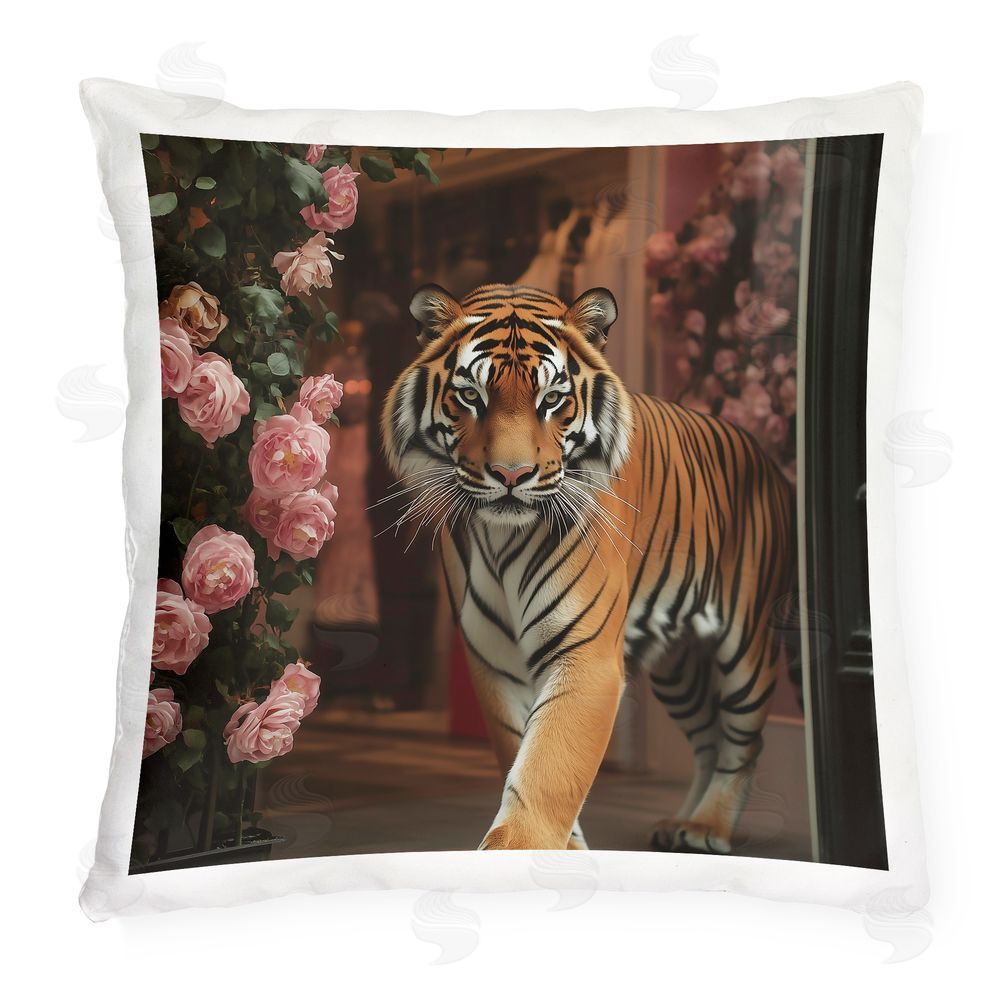 Heidi Kuntz Bengal Tiger Among Roses Outdoor Quick-Dry Polyester Square Throw Pillow