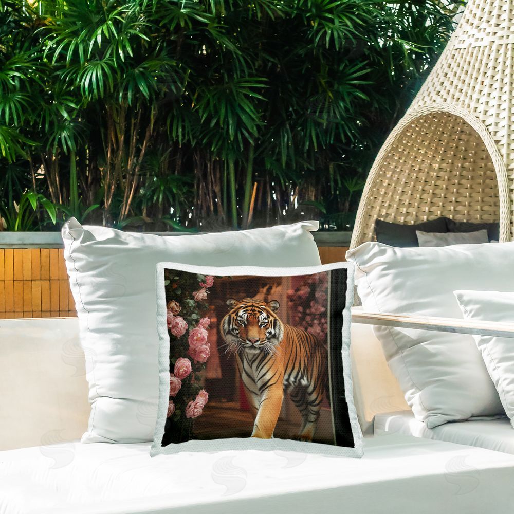 Heidi Kuntz Bengal Tiger Among Roses Outdoor Quick-Dry Polyester Printed Square Pillow on Patio