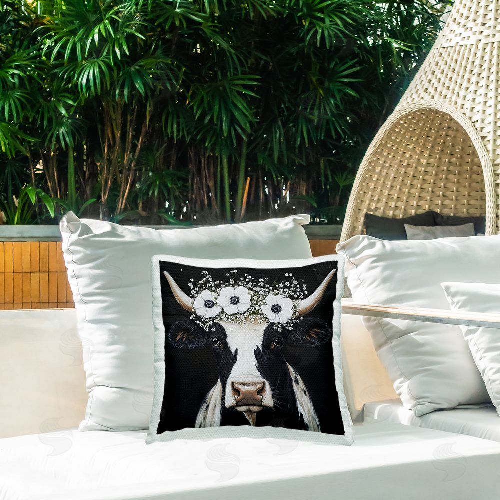 Acorn & Ivory Designs Cow With White Floral Crown Outdoor Quick-Dry Polyester Printed Square Pillow on Patio