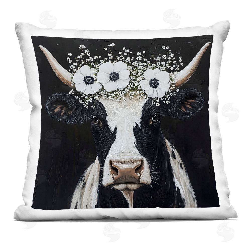 Acorn & Ivory Designs Cow With White Floral Crown Indoor Plush Polyester Square Throw Pillow