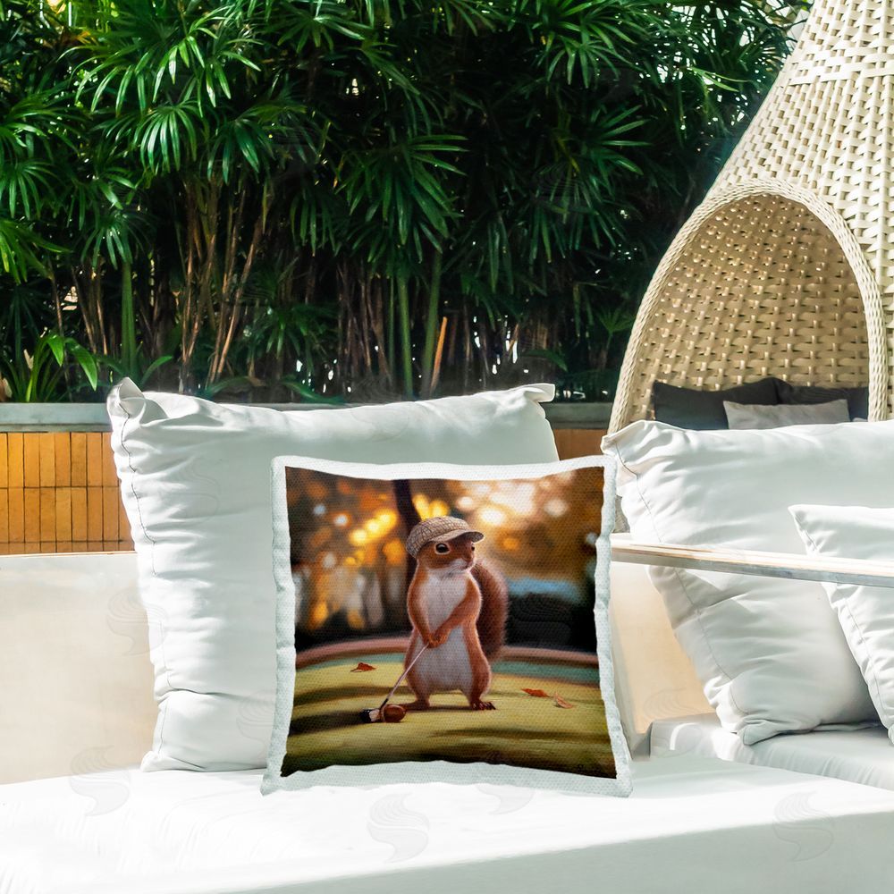 Lucia Heffernan Golf Nut Squirrel Outdoor Quick-Dry Polyester Printed Square Pillow on Patio