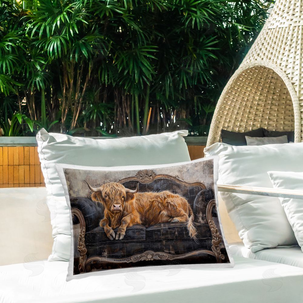 Tina LeCour Cozy Couch Highland Cow Lumbar Outdoor Quick-Dry Polyester Throw Pillow on Seat