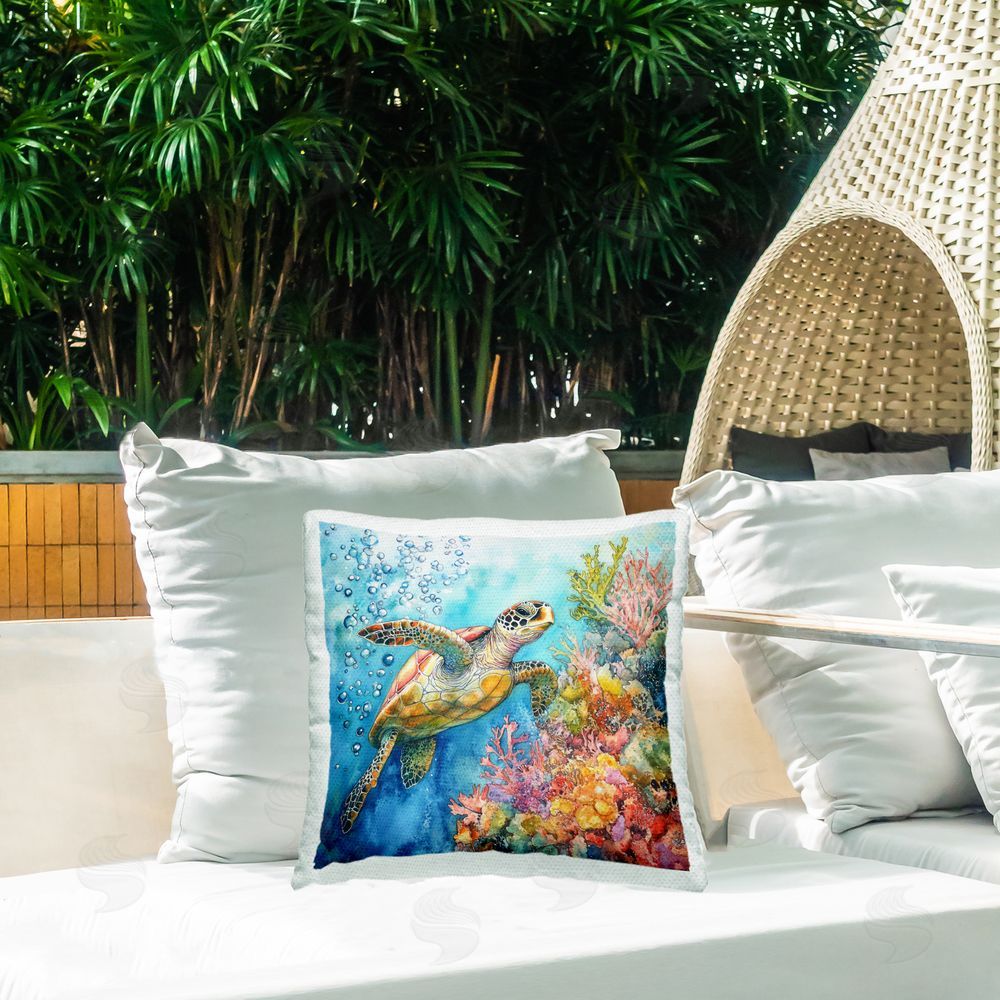 Tina LeCour Underwater Sea Turtle Bubbles Square Outdoor Quick-Dry Polyester Throw Pillow on Seat