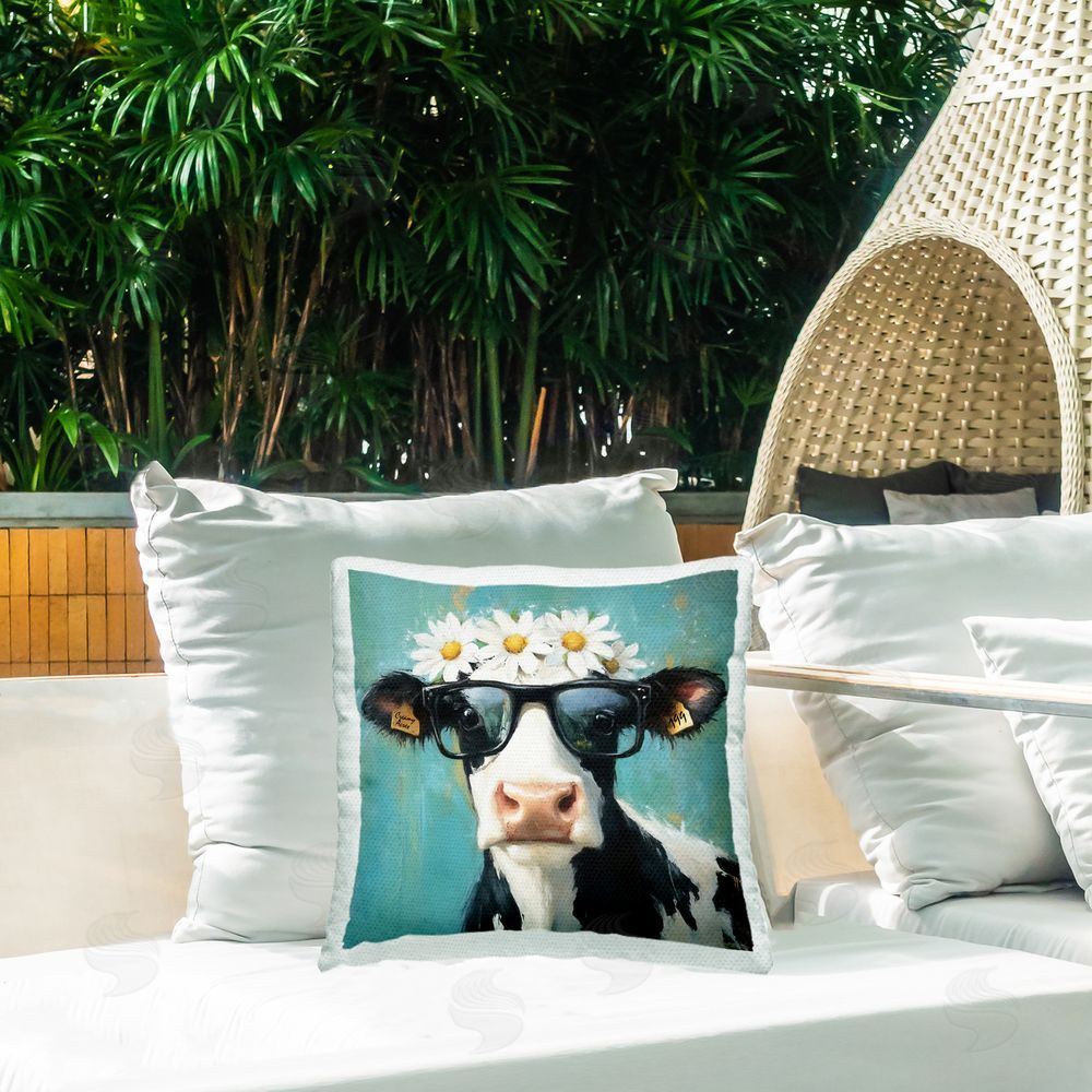 Tina LeCour Nerdy Nessie Cow Square Outdoor Quick-Dry Polyester Throw Pillow on Seat