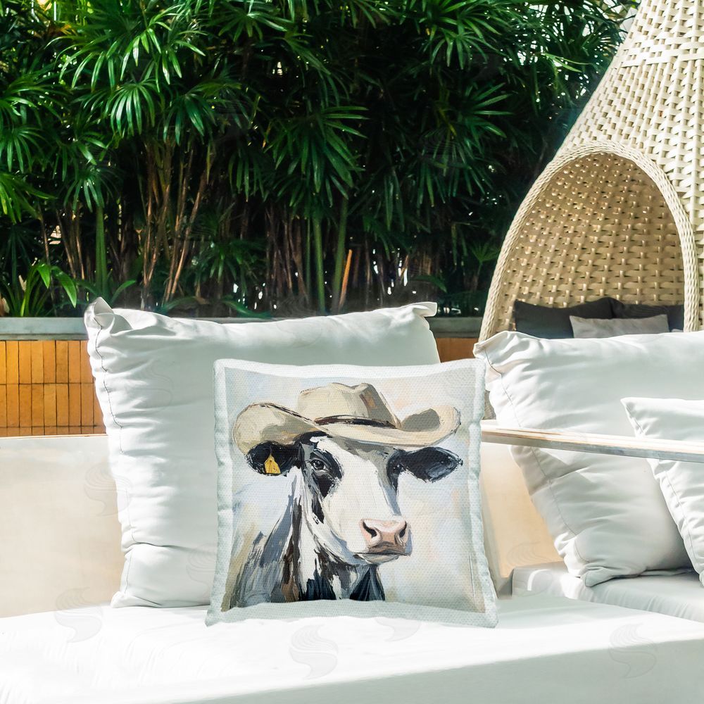 Tina LeCour Cowboy Carl Cow Square Outdoor Quick-Dry Polyester Throw Pillow on Seat