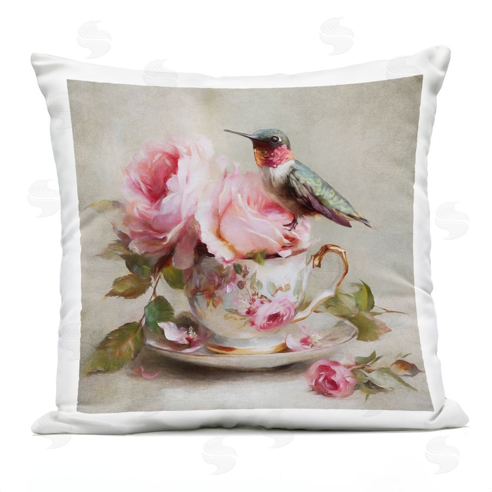 Tina LeCour Hummingbird & Tea Cup Square Outdoor Quick-Dry Polyester Throw Pillow