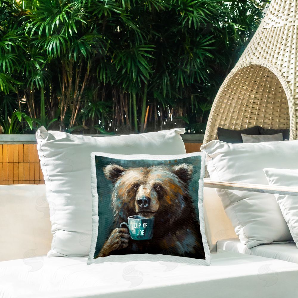 Tina LeCour Bear with Cup Of Joe Square Outdoor Quick-Dry Polyester Throw Pillow on Seat