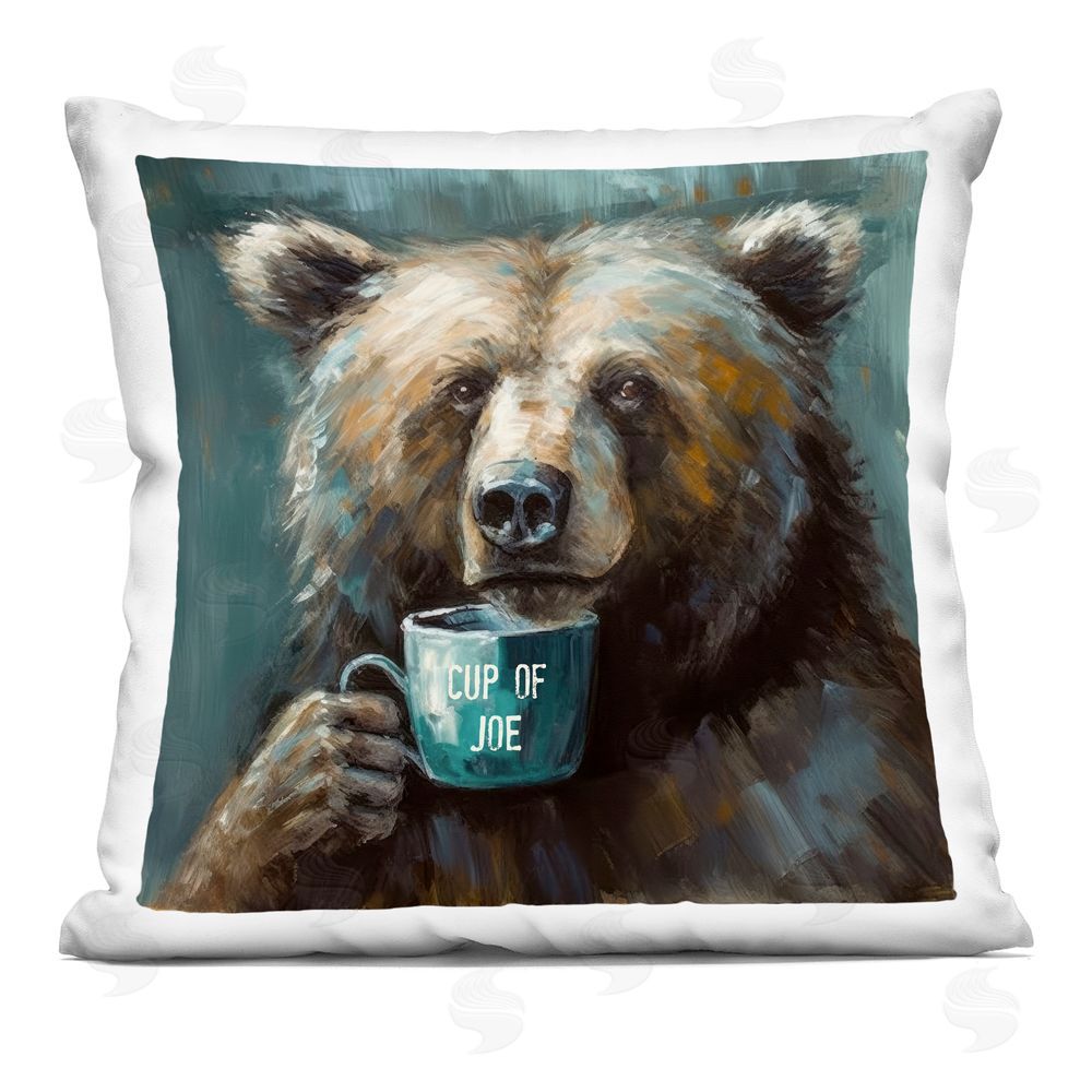 Tina LeCour Bear with Cup Of Joe Square Plush Polyester Throw Pillow