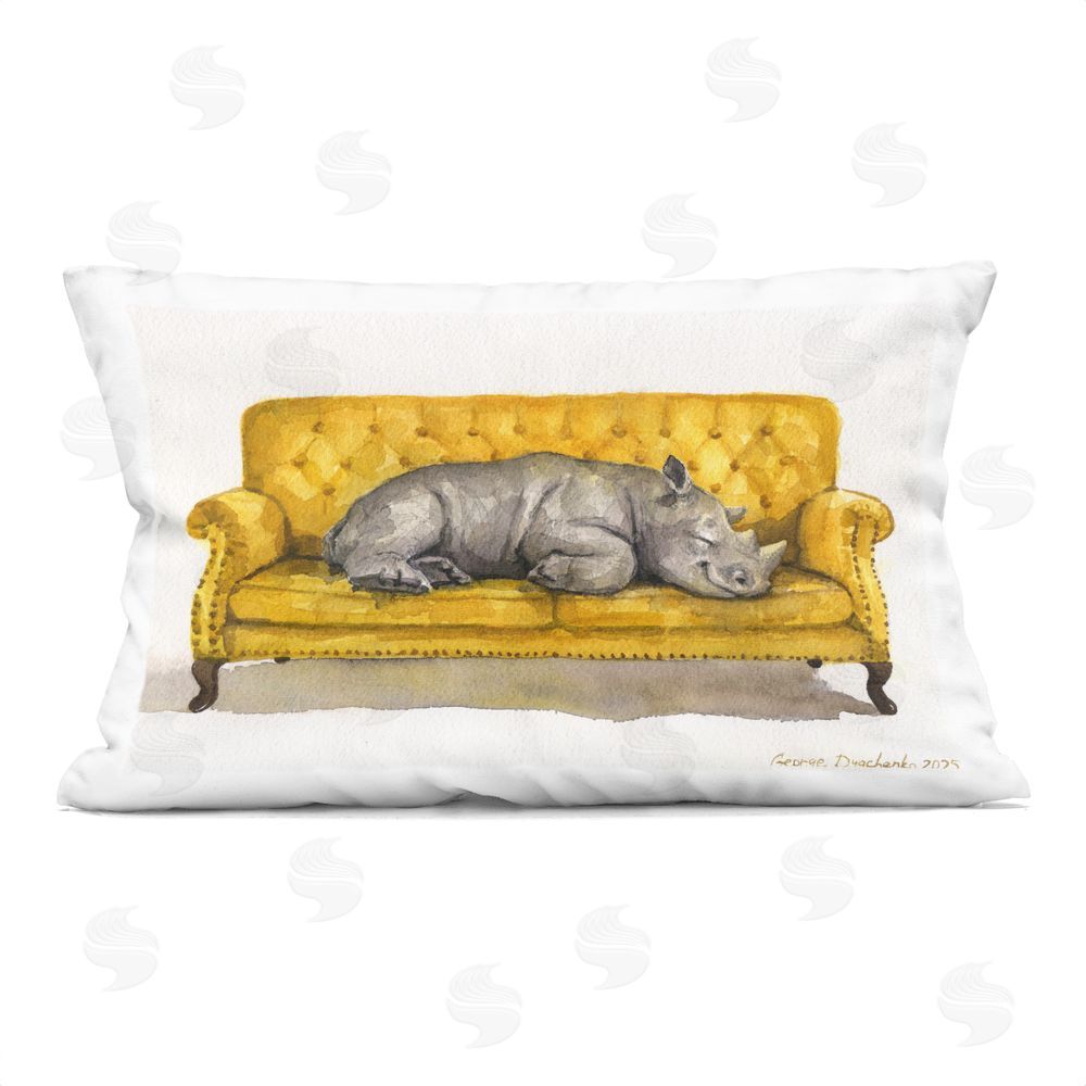 George Dyachenko Cute Rhino Resting Square Outdoor Quick-Dry Polyester Throw Pillow