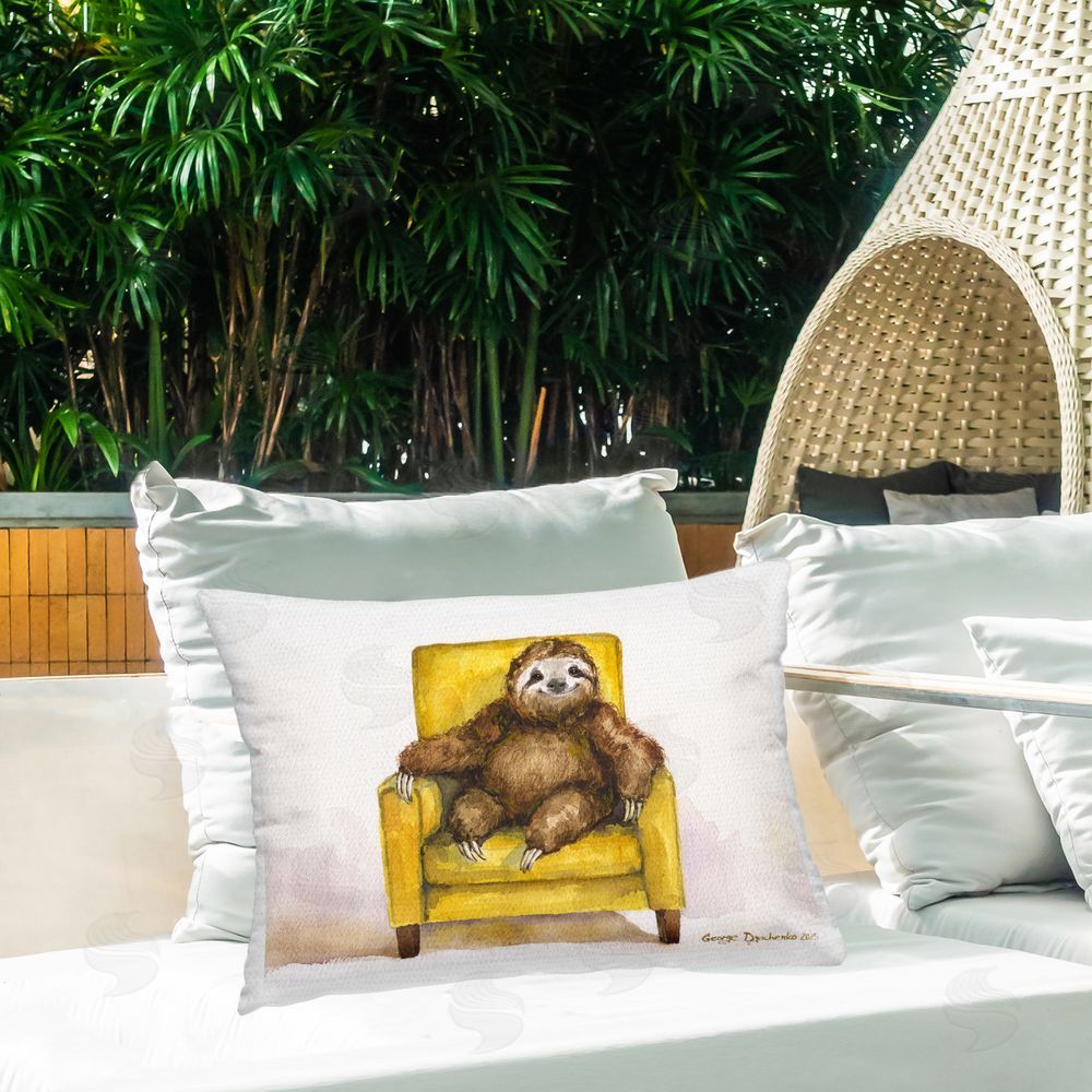 George Dyachenko Happy Sloth Relaxing on Armchair Lumbar Outdoor Quick-Dry Polyester Throw Pillow on Seat