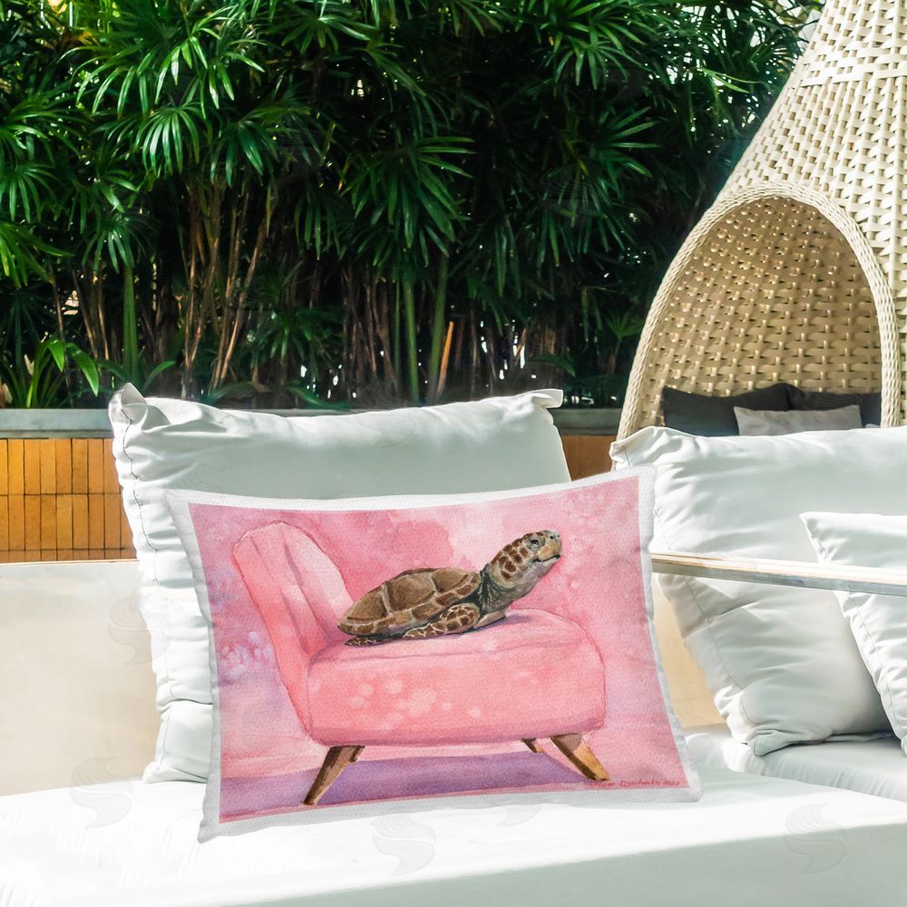 George Dyachenko Happy Turtle on Pink Chair Lumbar Outdoor Quick-Dry Polyester Throw Pillow on Seat