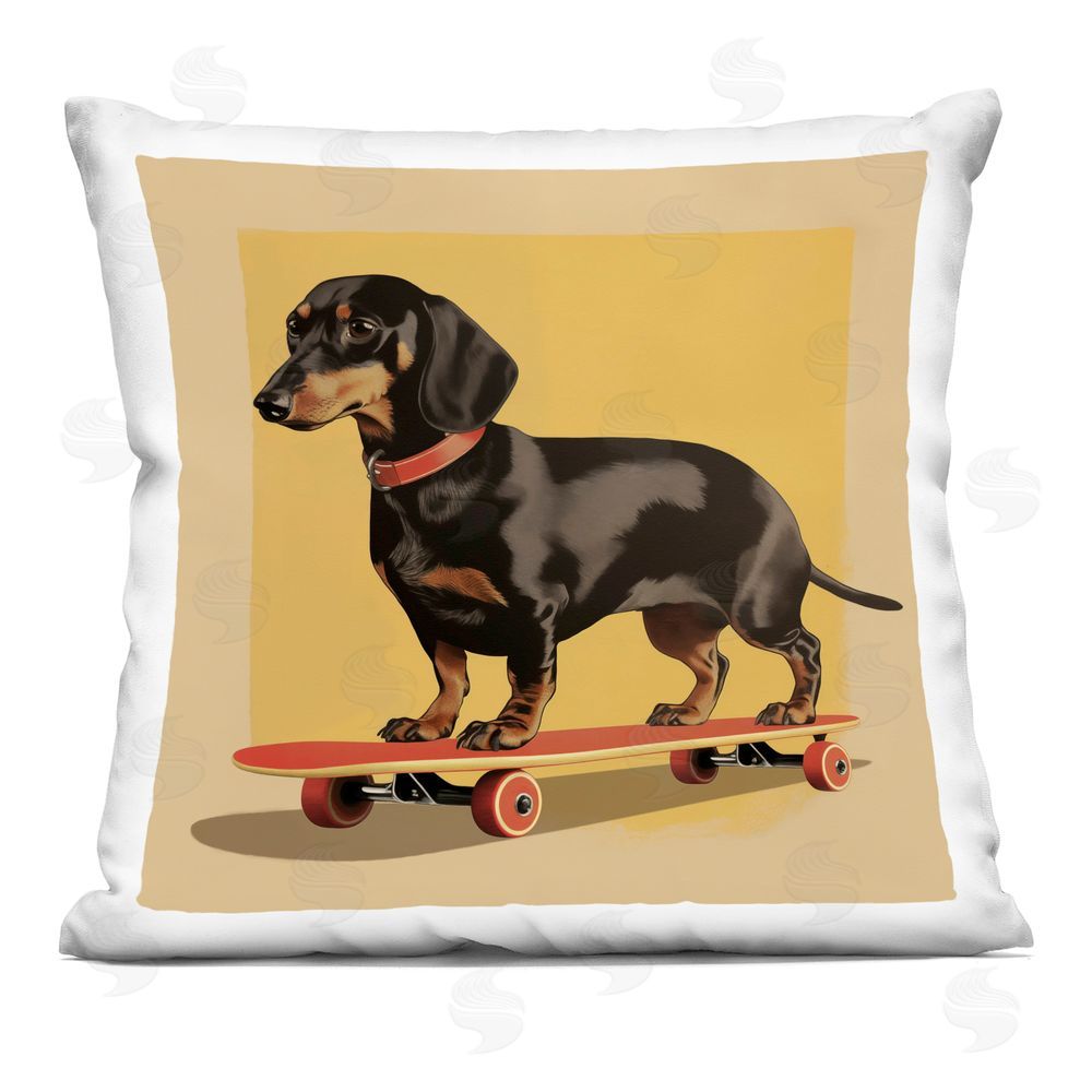 Andreas Magnusson Dachshund on Red Skateboard Indoor Plush Polyester Square Throw Pillow