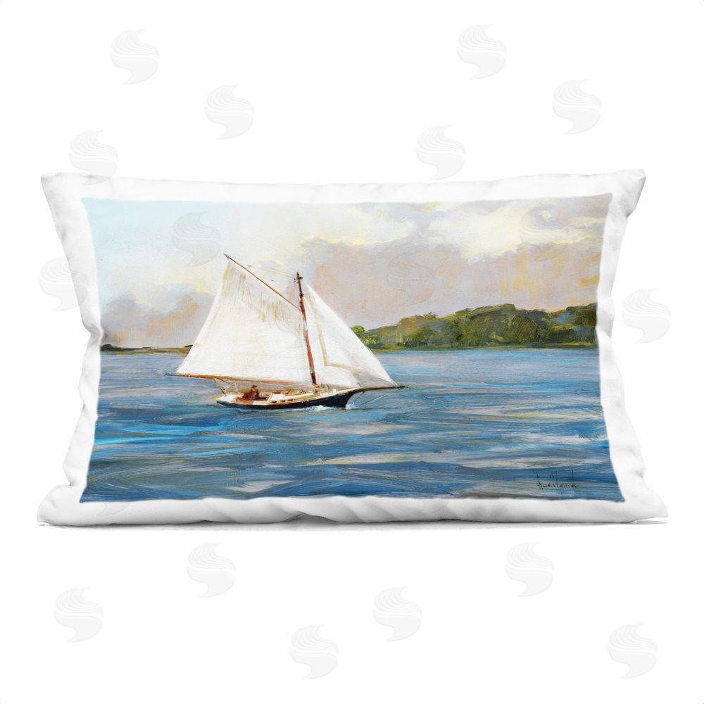Katie Swatland White Sailboat on Calm Blue Sea Indoor Plush Polyester Lumbar Pillow