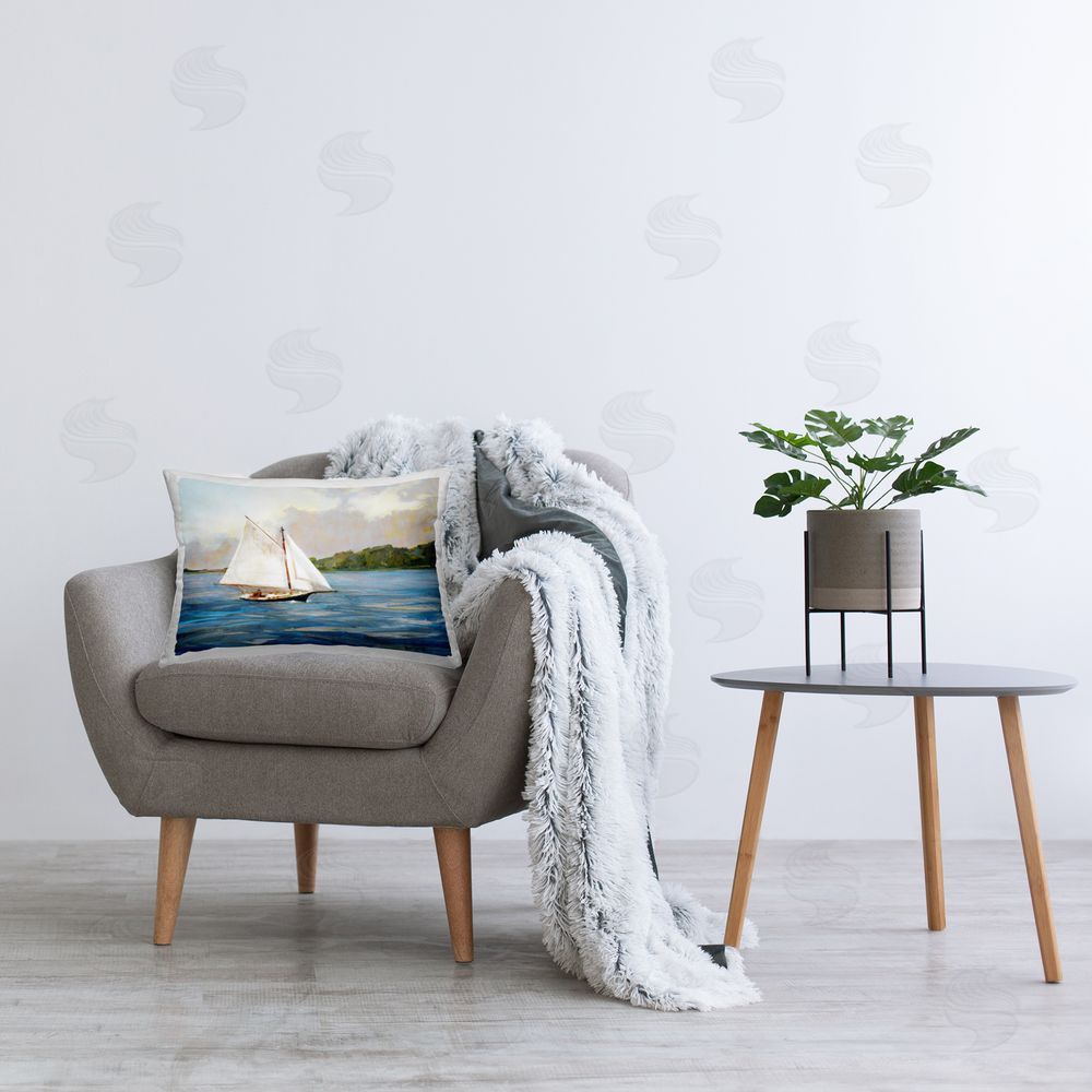 Katie Swatland White Sailboat on Calm Blue Sea Plush Polyester Printed Lumbar Pillow on Chair