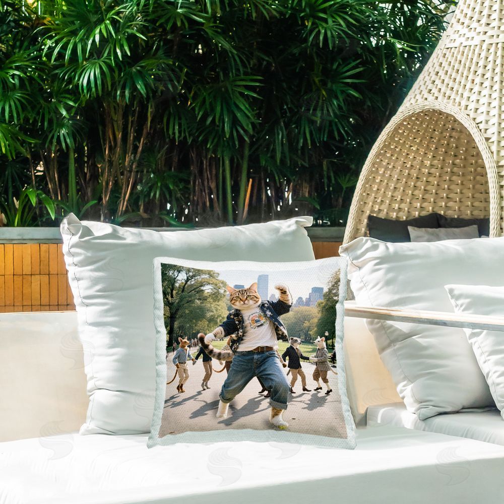 CAD Designs Stylish Cat Dancing in Park Outdoor Quick-Dry Polyester Printed Square Pillow on Patio