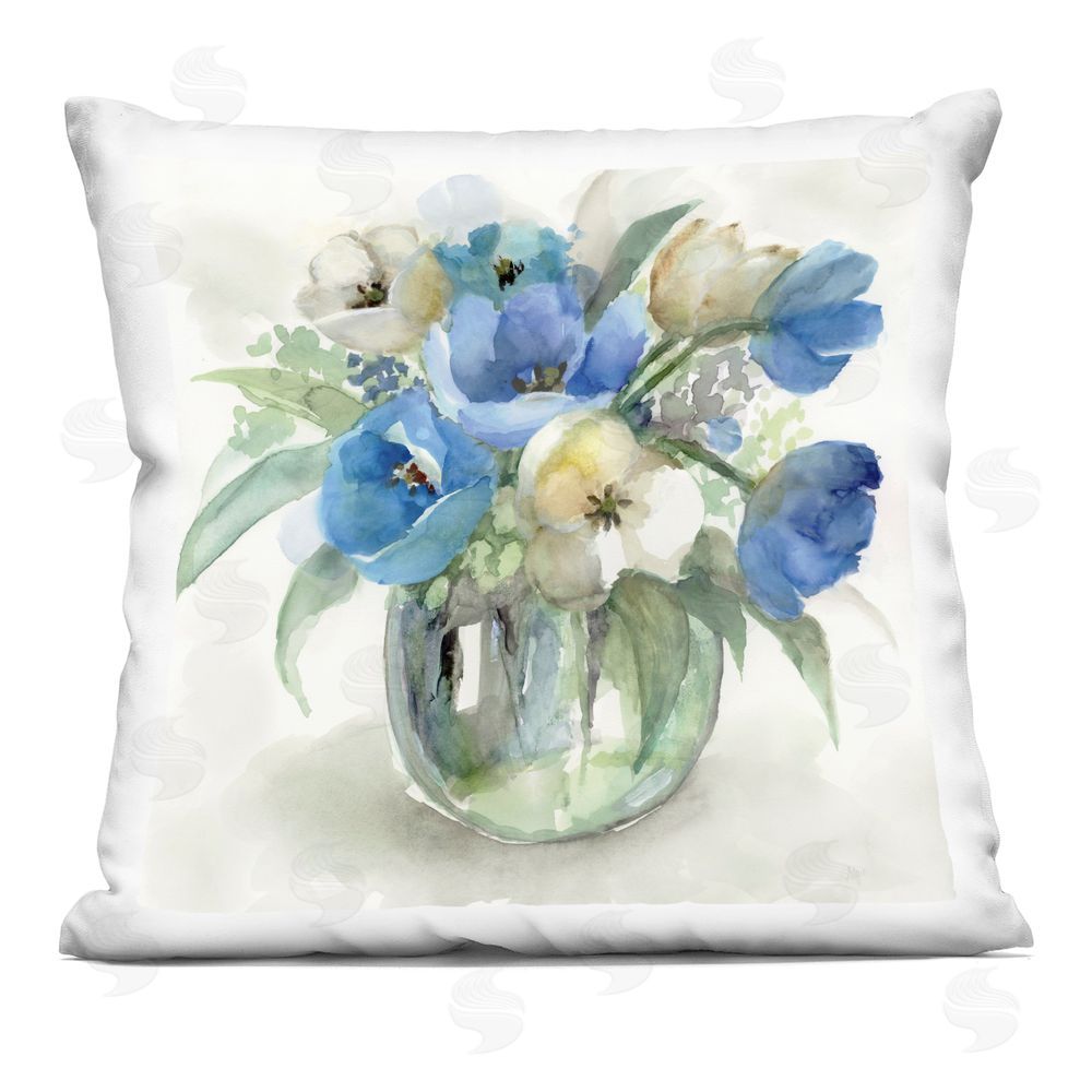 Nan Blue Tulip Watercolor Bouquet Indoor Plush Polyester Square Throw Pillow