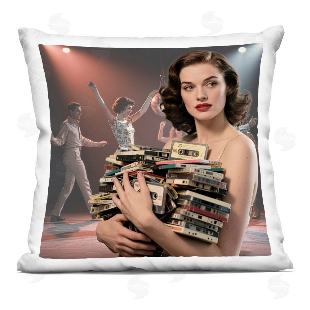 CAD Designs Woman Holding Vintage Cassette Collection Indoor Plush Polyester Square Throw Pillow