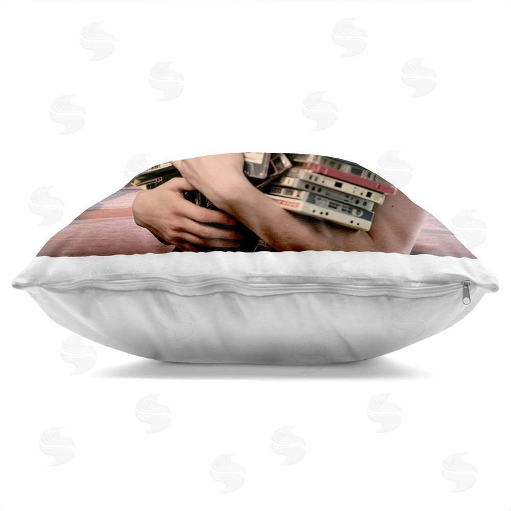 CAD Designs Woman Holding Vintage Cassette Collection Indoor Plush Polyester Square Throw Pillow Zipper Detail