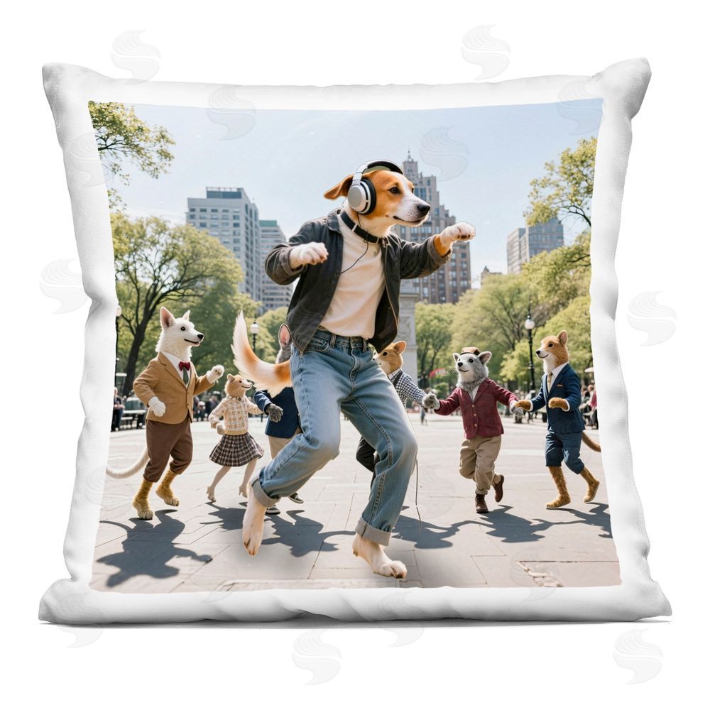 CAD Designs Stylish Dog Dancing in Park Indoor Plush Polyester Square Throw Pillow