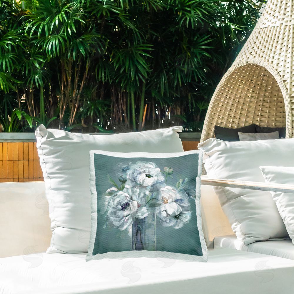 Nan White Peony Impression in Vase Outdoor Quick-Dry Polyester Printed Square Pillow on Patio