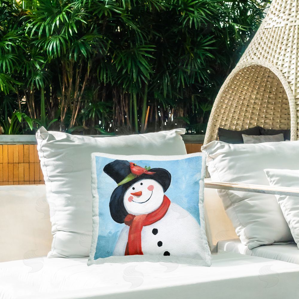Nan Cheerful Snowman with Cardinal Outdoor Quick-Dry Polyester Printed Square Pillow on Patio