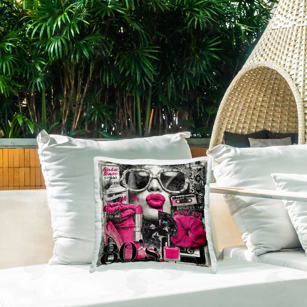 Annabelle Hall Neon Lips & 80's Glamour Outdoor Quick-Dry Polyester Printed Square Pillow on Patio