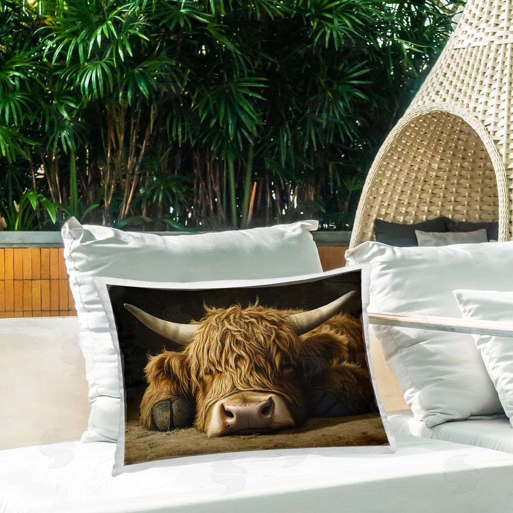 The Wands Want Sleeping Highland Cow & Hoof Outdoor Quick-Dry Polyester Printed Lumbar Pillow on Patio