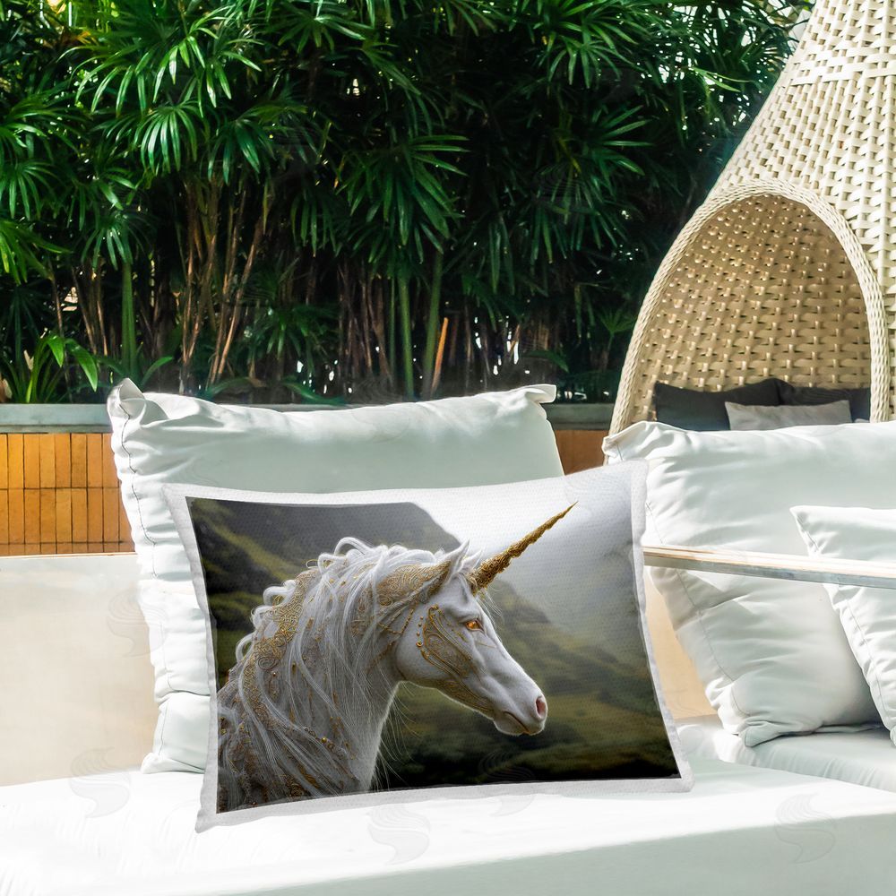 The Wands Want Ornate Celtic Unicorn Outdoor Quick-Dry Polyester Printed Lumbar Pillow on Patio