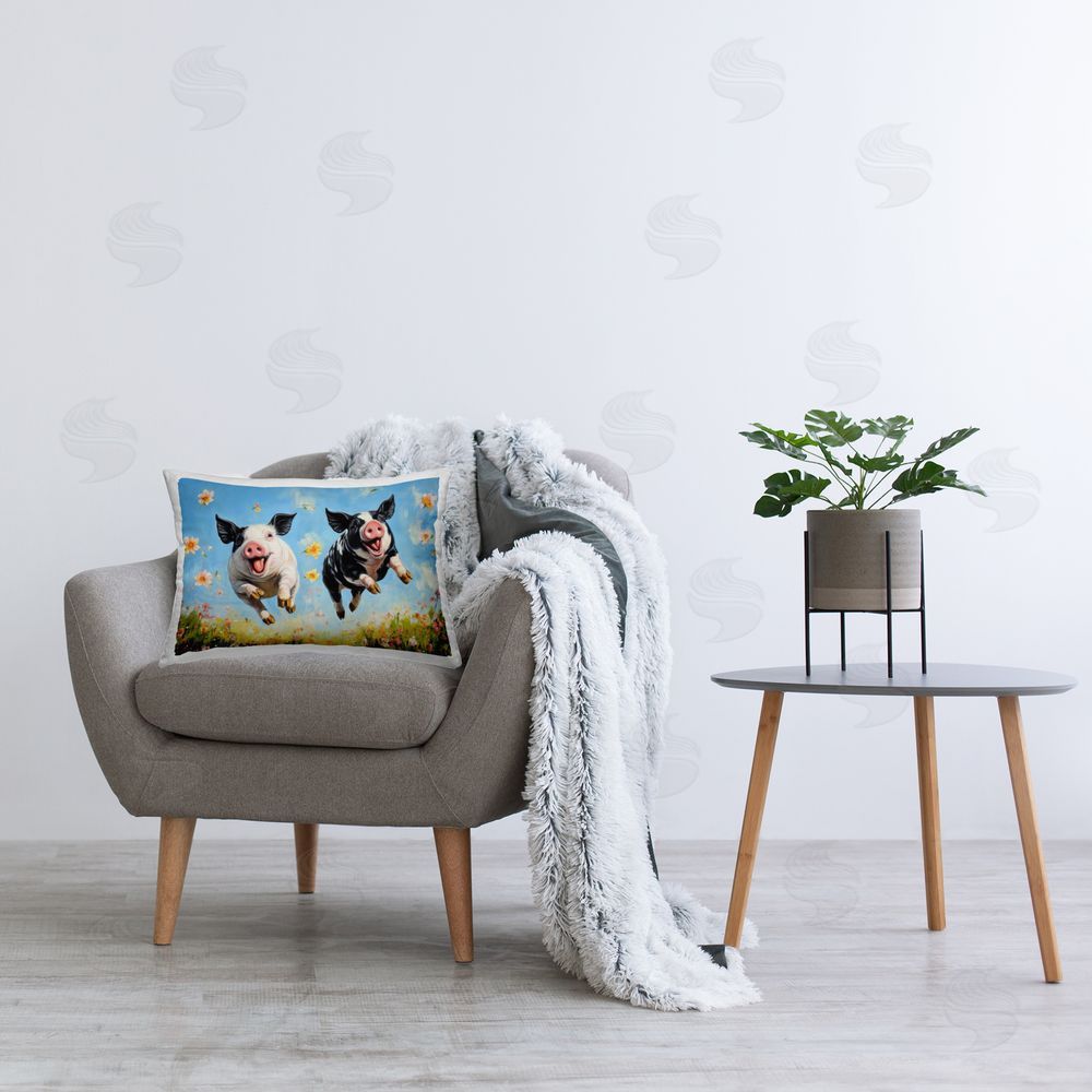 The Wands Want Flying Pigs & Flowers Plush Polyester Printed Lumbar Pillow on Chair