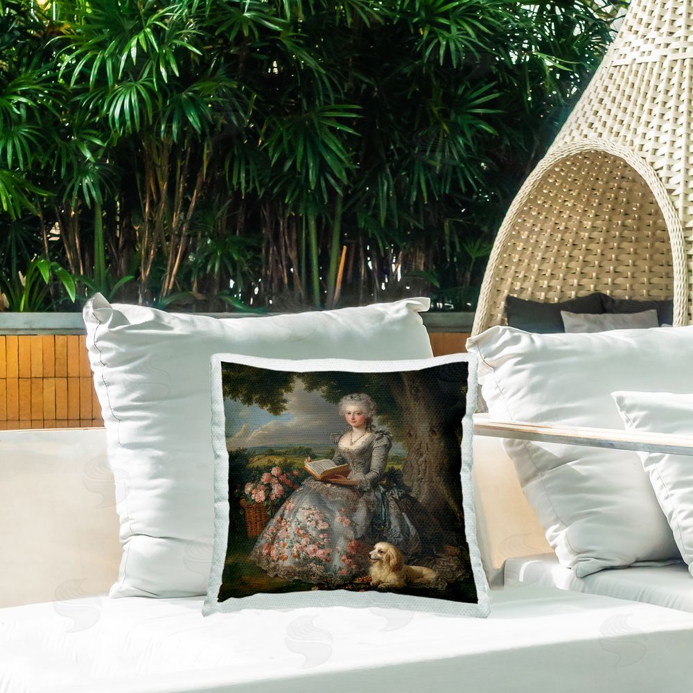 The Wands Want Reading Rococo Lady with Dog Outdoor Quick-Dry Polyester Printed Square Pillow on Patio
