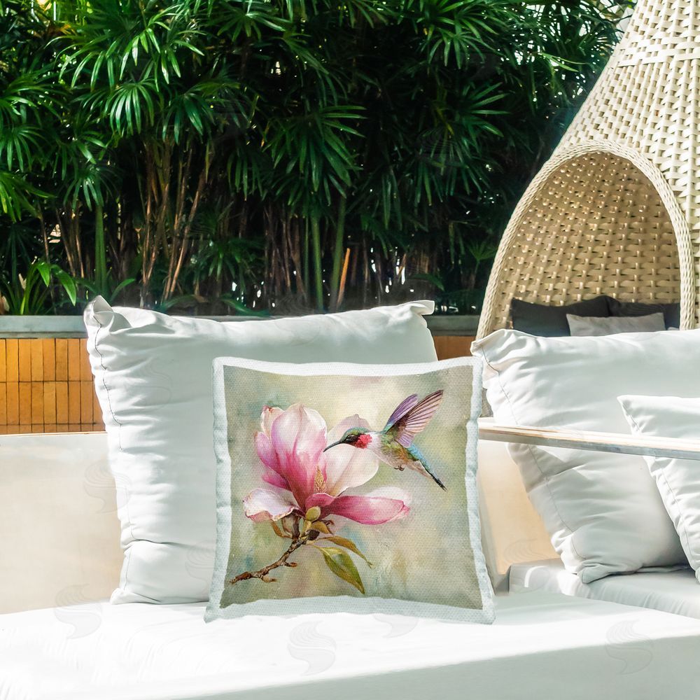 Tina LeCour Magnolia Ruby Hummingbird Outdoor Quick-Dry Polyester Printed Square Pillow on Patio