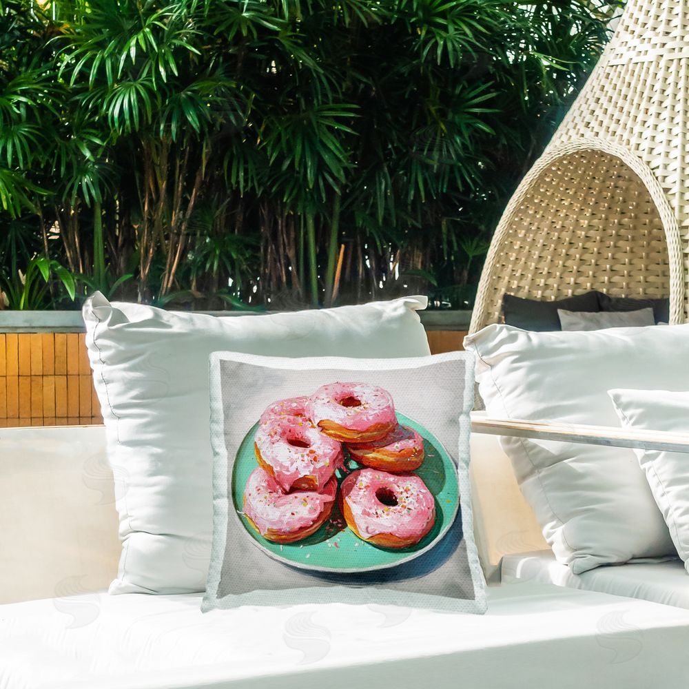 Tina LeCour Pink Frosted Donuts Outdoor Quick-Dry Polyester Printed Square Pillow on Patio