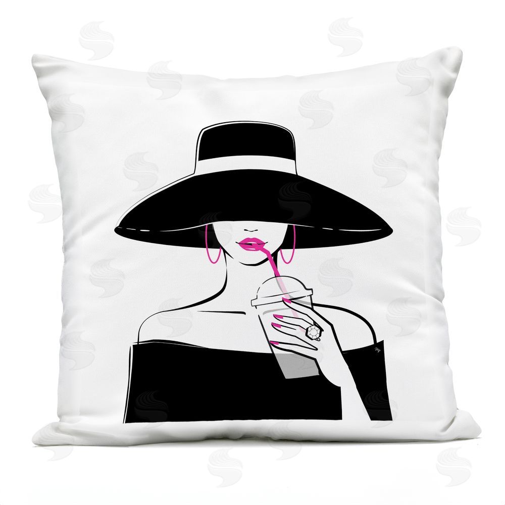 Martina Pavlova Chic Black Hat Sipping Coffee Outdoor Square Printed Throw Pillow