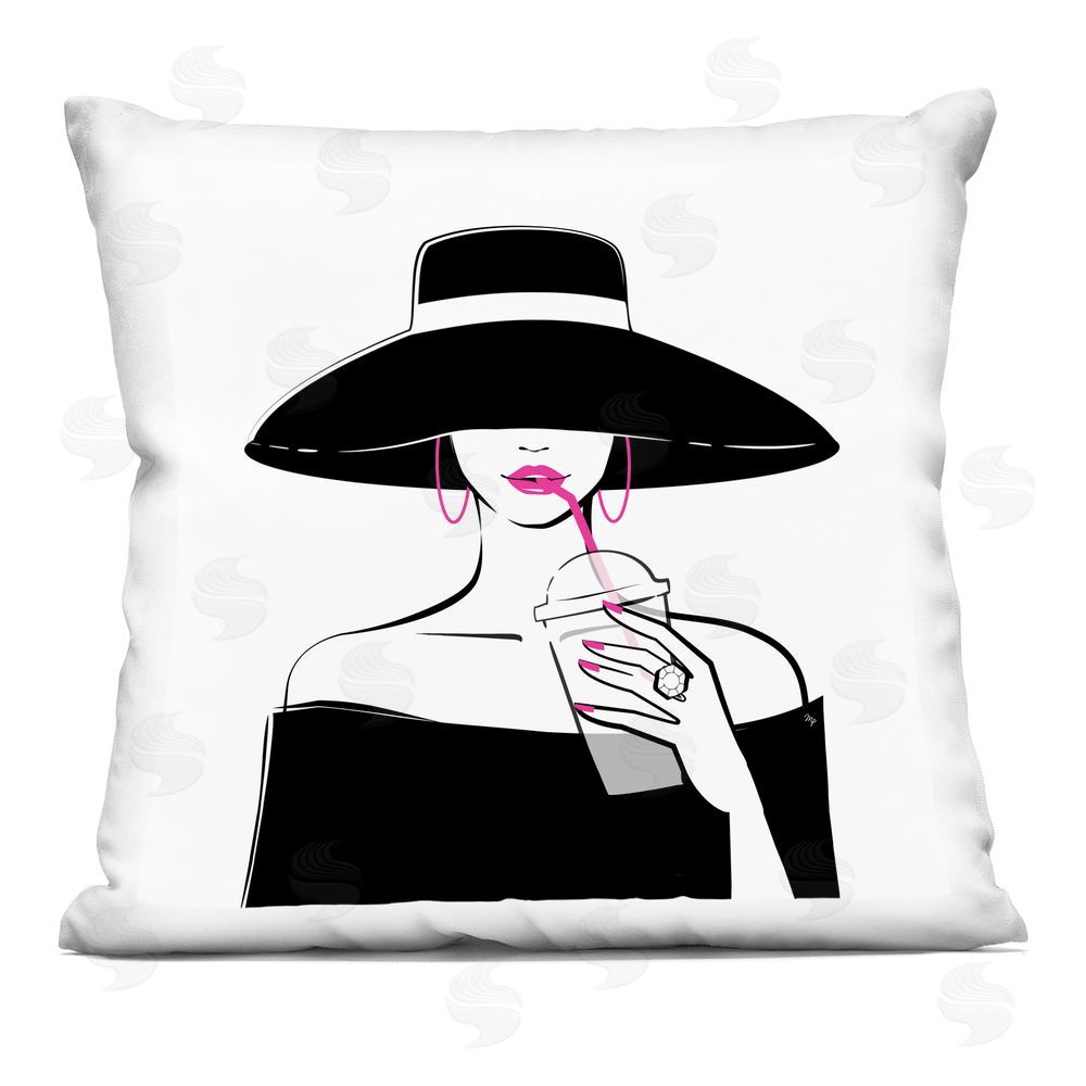 Martina Pavlova Chic Black Hat Sipping Coffee Square Printed Throw Pillow