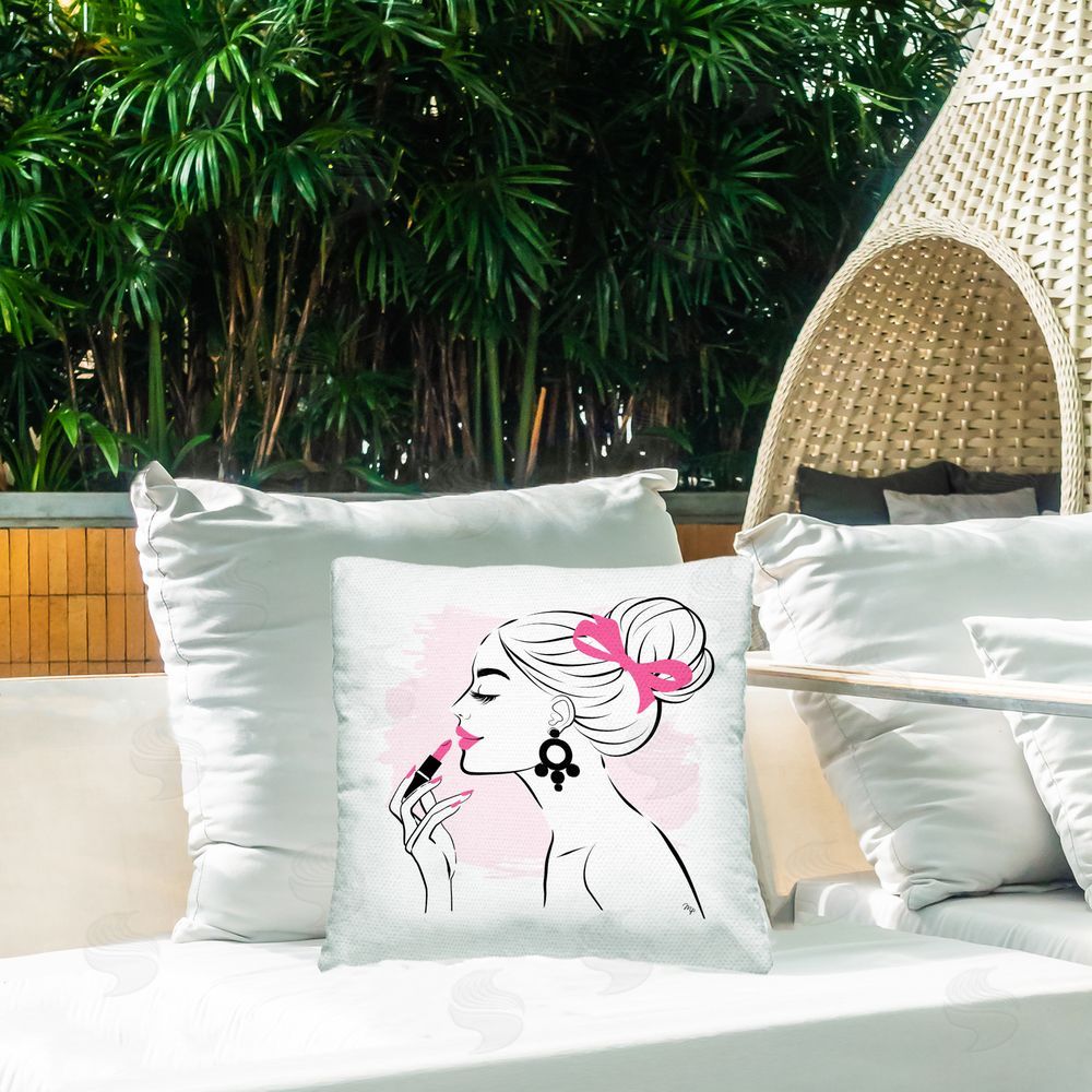 Martina Pavlova Applying Lipstick Girl Outdoor Quick-Dry Polyester Printed Square Pillow on Patio