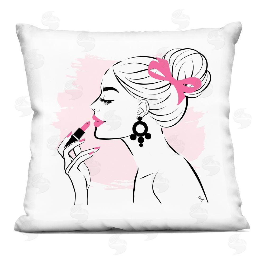 Martina Pavlova Applying Lipstick Girl Indoor Plush Polyester Square Throw Pillow