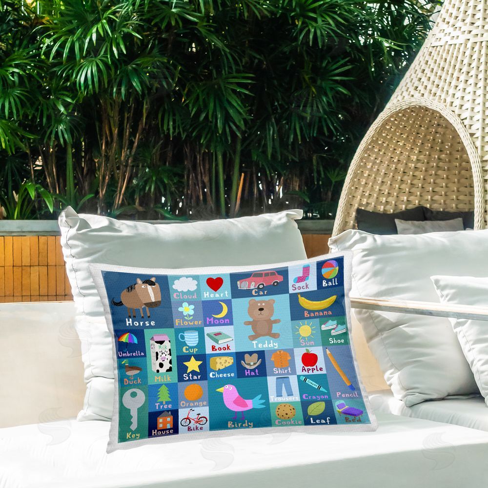 Carla Daly Blue First Words Outdoor Quick-Dry Polyester Printed Lumbar Pillow on Patio