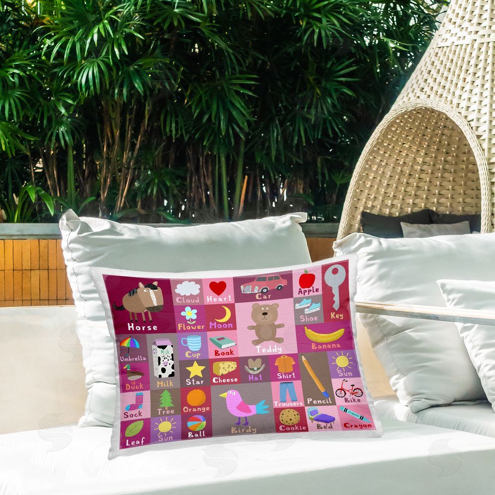 Carla Daly Pink First Words Outdoor Quick-Dry Polyester Printed Lumbar Pillow on Patio